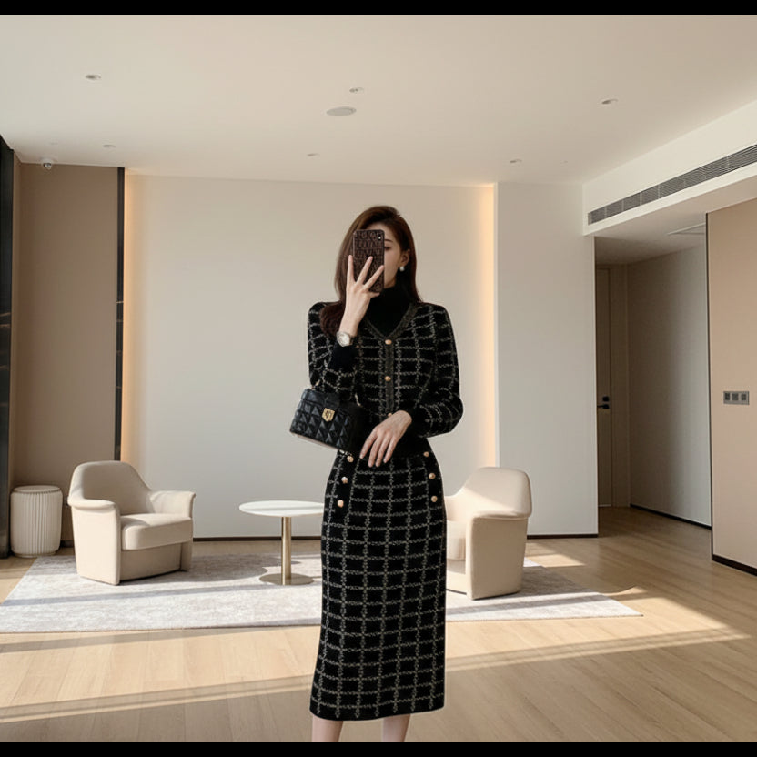 Black plaid women two-piece suit elegant and professional outfit