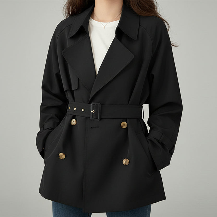 Black short trench coat for women with double breasted design and belt