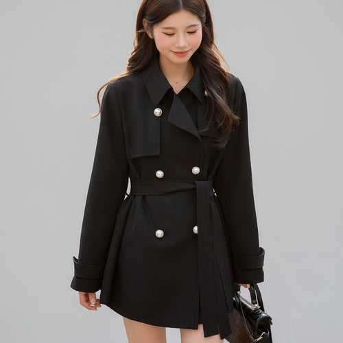 Black elegant trench coat for women with long sleeves and refined design