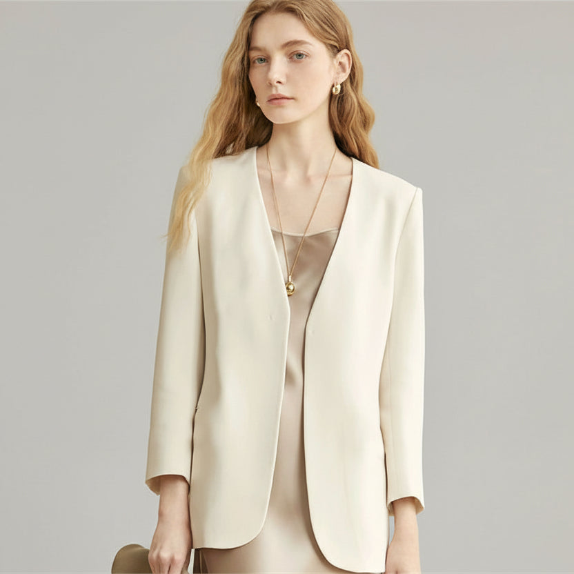 Milky white British style women small suit blazer top for office wear