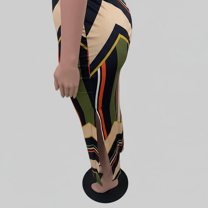 Colorful striped print side slit maxi dress for women front view