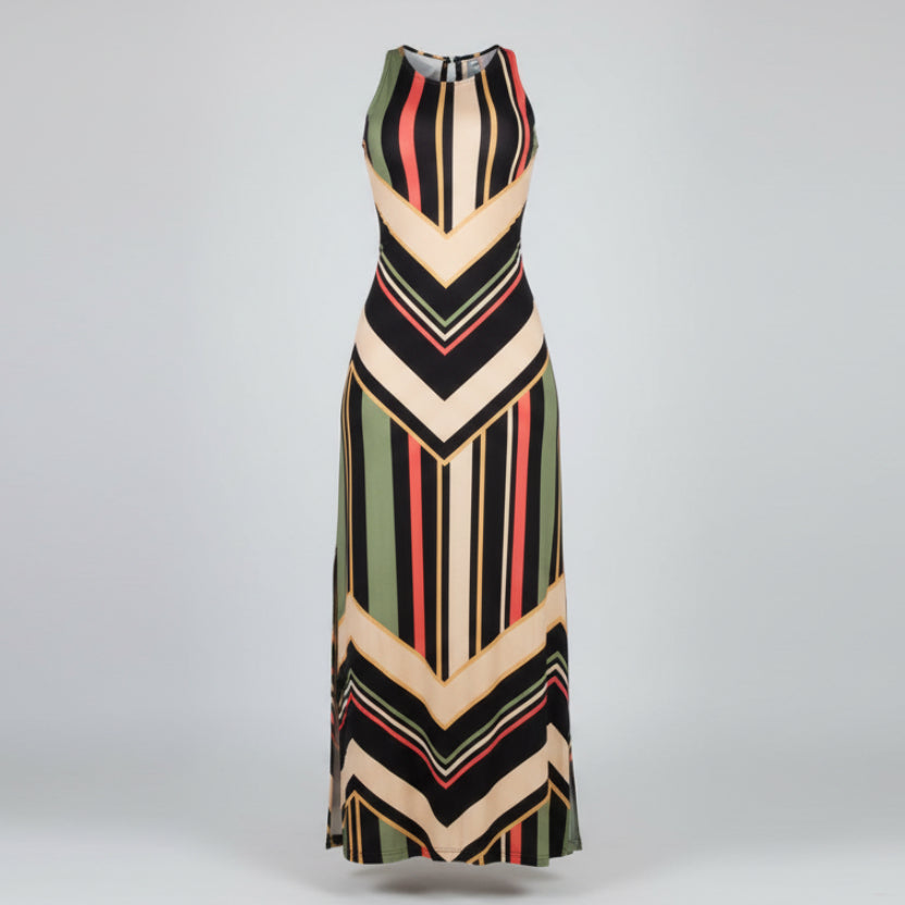 Colorful striped print side slit maxi dress for women front view