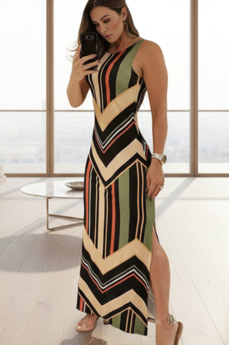 Colorful striped print side slit maxi dress for women front view
