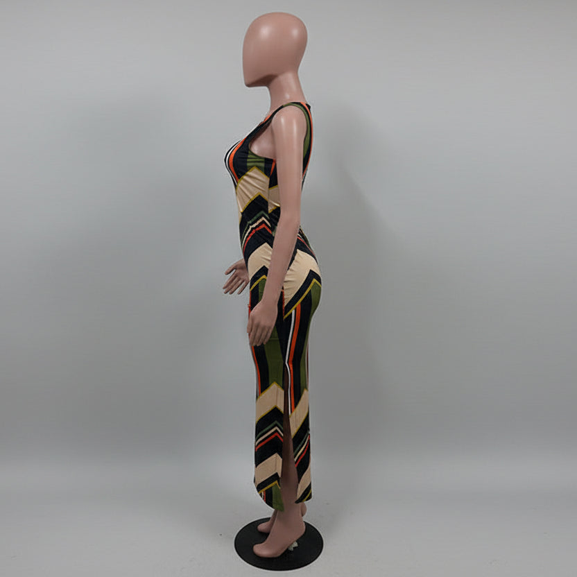 Colorful striped print side slit maxi dress for women front view