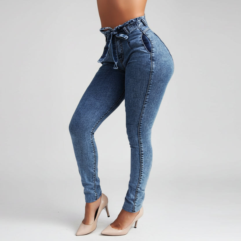 Dark blue fringed denim skinny jeans for women