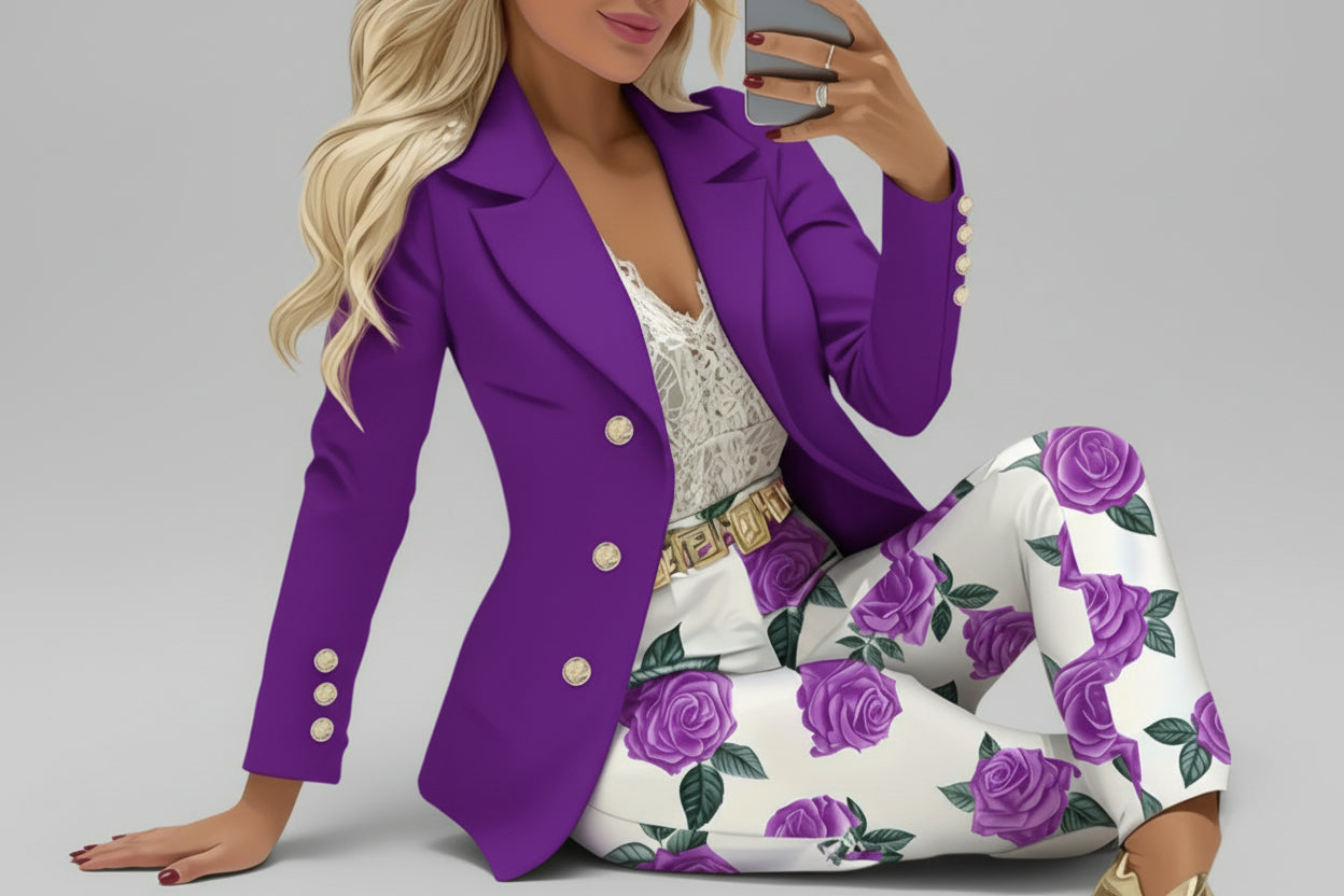 Elegant floral print two piece suit set for women purple blazer