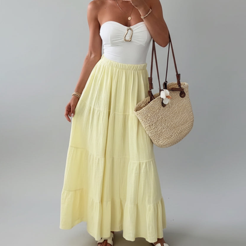 Elegant pleated midi skirt for women lemon yellow minimalist style