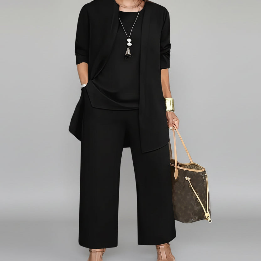 Elegant solid color two piece set for women round neck top