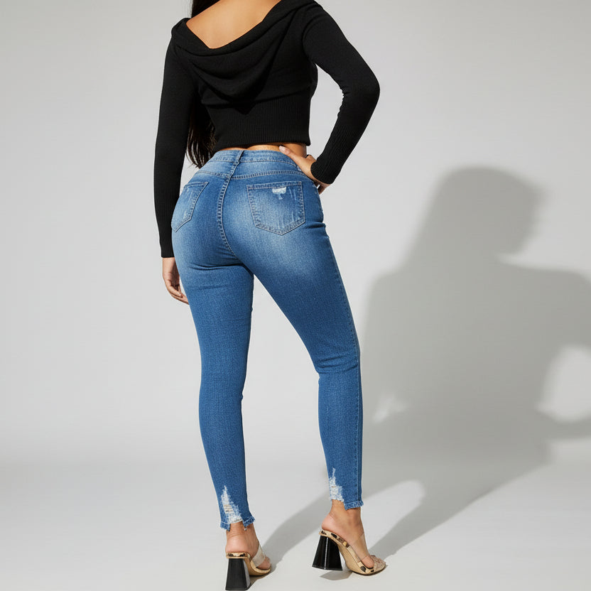Frayed hem skinny jeans for women trendy denim pants