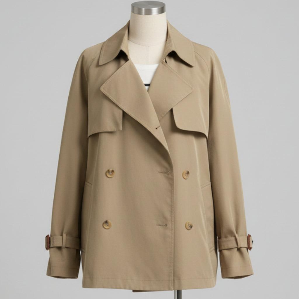 Khaki trench coat for women British style short double breasted belted coat