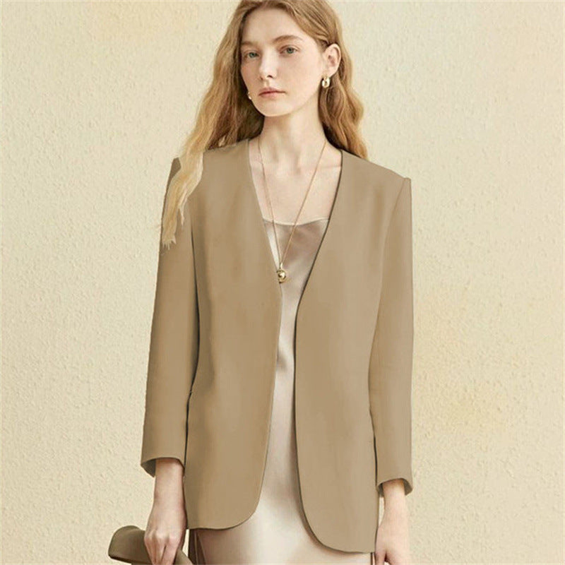 Khaki women small suit jacket with regular fit and stitching design