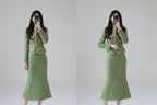 Ladies French style temperament suit green top and skirt set