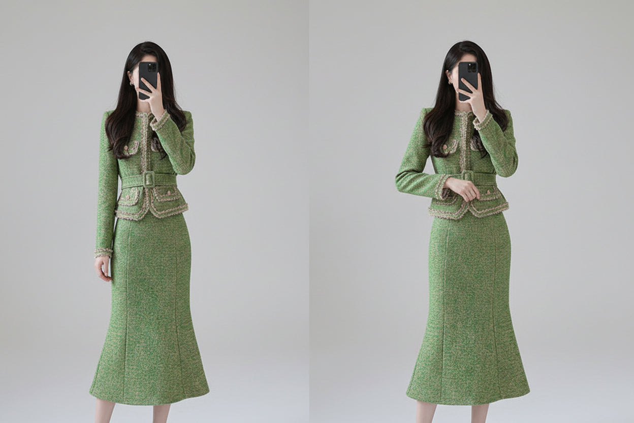 Ladies French style temperament suit green top and skirt set
