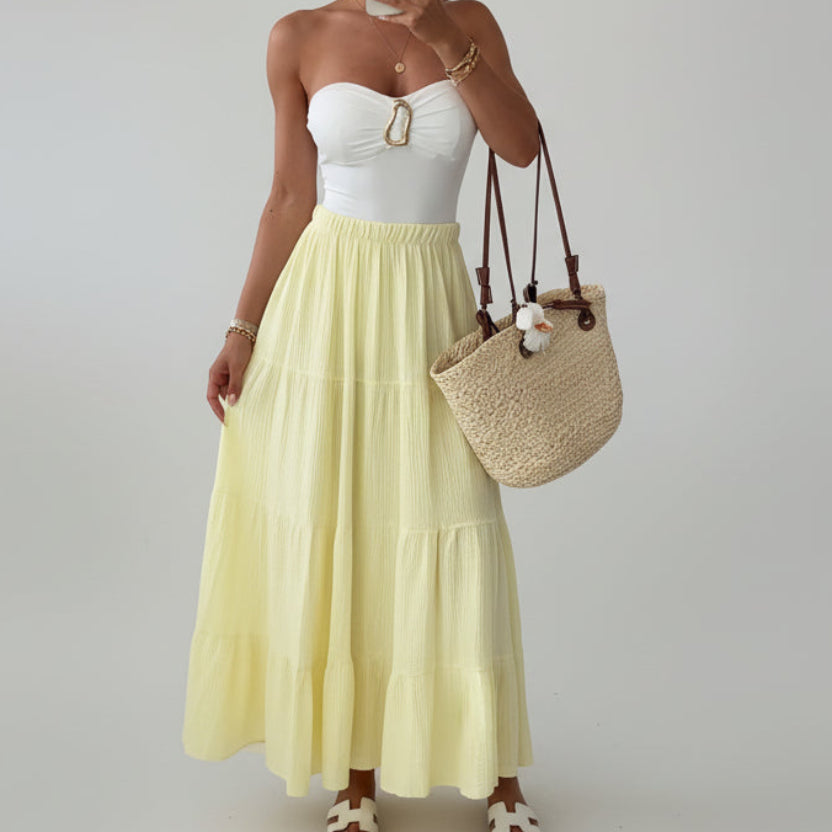 Lemon yellow mid length skirt for women elegant fashion