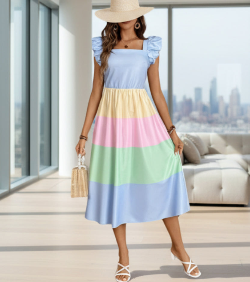 Woman wearing a colorful striped dress on a white background