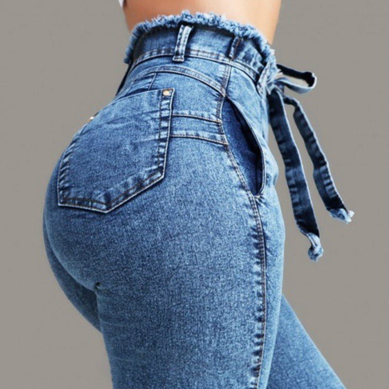 Women’s fringed skinny jeans front view stretch denim pants
