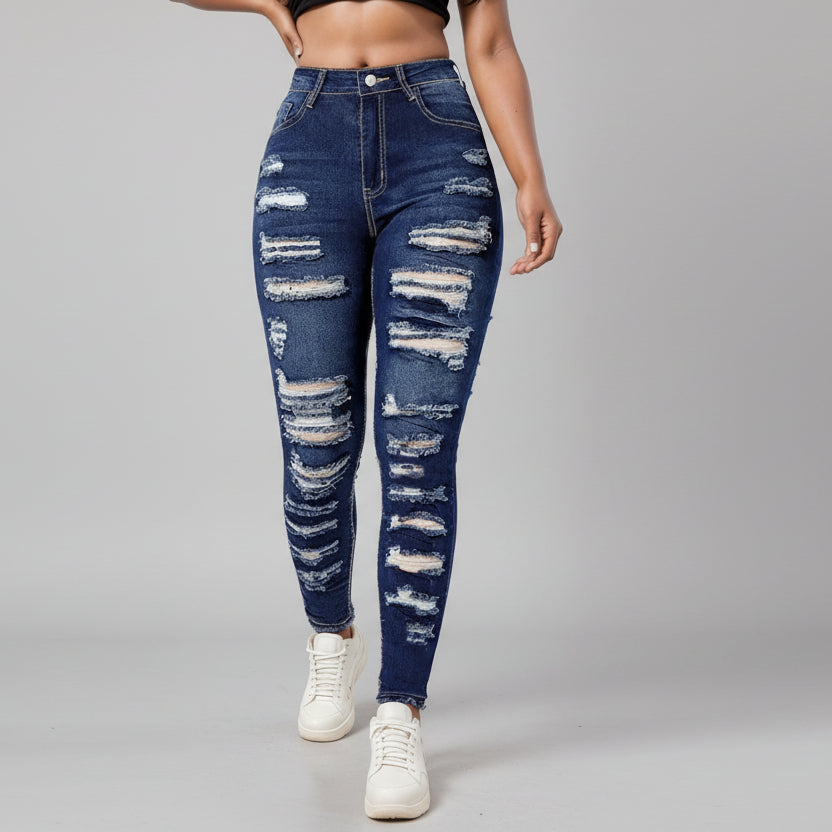 Women ripped cropped skinny jeans high stretch slim fit