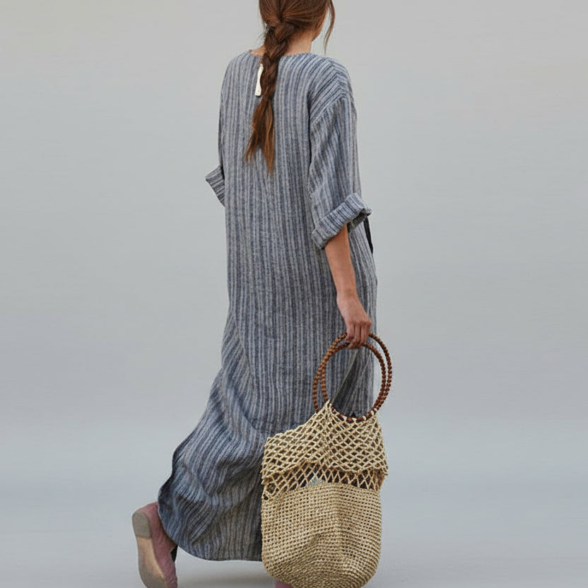 Gray striped long maxi dress for women casual wear