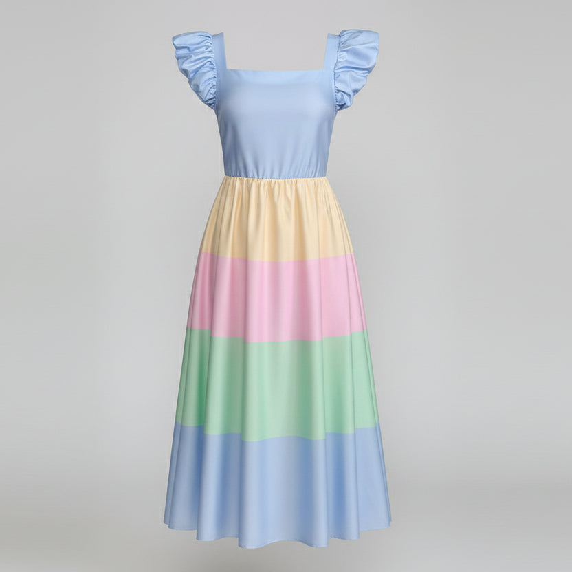 Womens patchwork resort midi dress sky blue geometric pattern